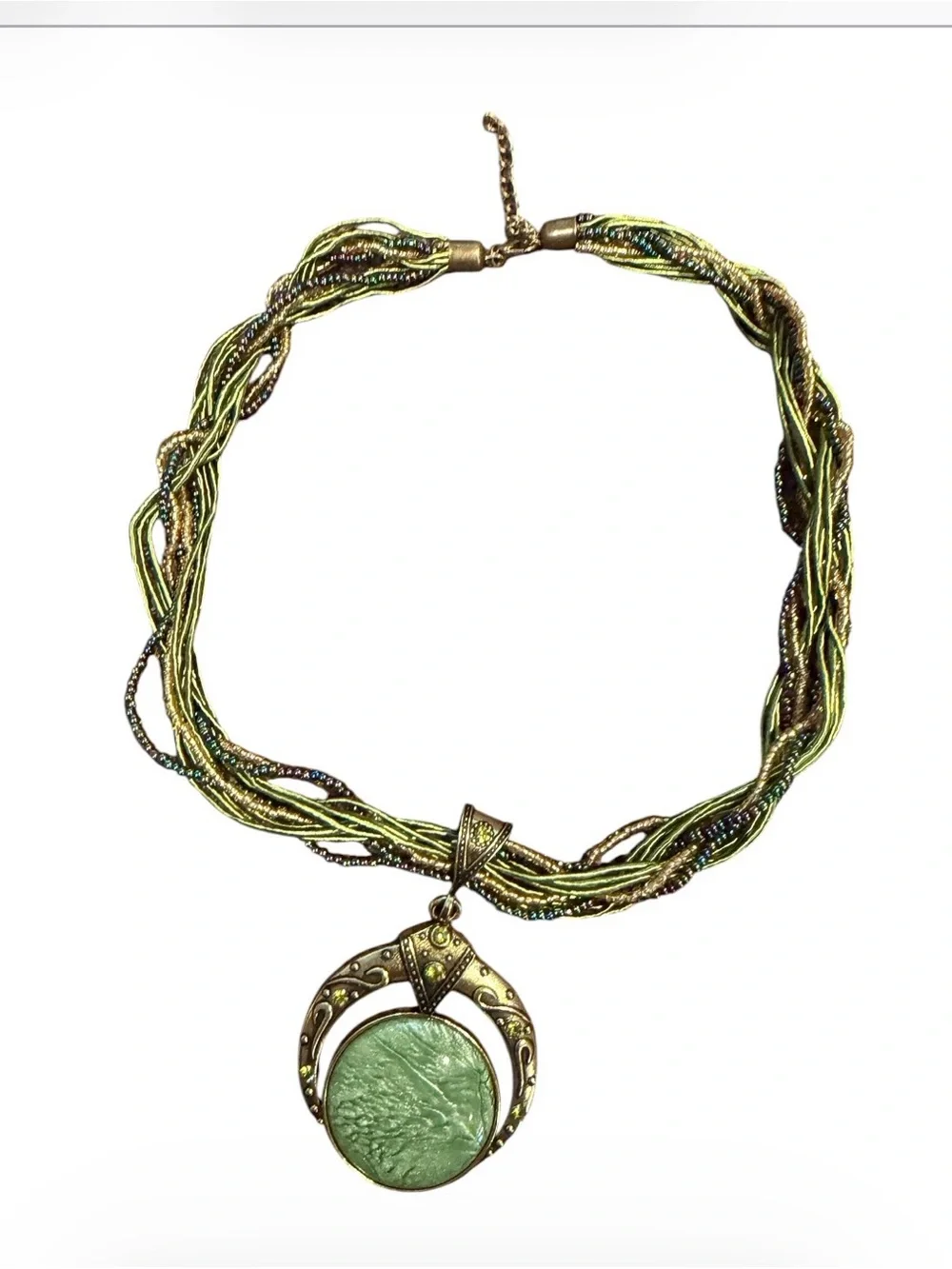 Bohemian Green Stone Pendant Multi-Strand Necklace